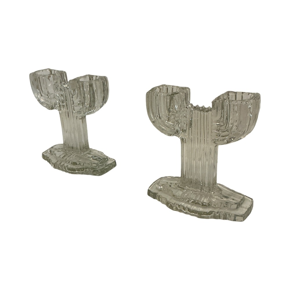 Vintage Clear Ribbed Glass Saguaro Cactus Taper Candle‎ Holders Set of 2 - Picture 4 of 5